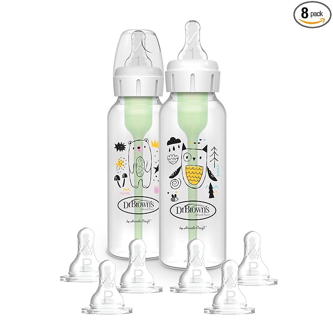 Dr. Brown's Natural Flow Anti-Colic Options+ Narrow Baby Bottle, Bear & Owl, 8 oz/250 mL, with Level 1 Slow Flow Nipple, BPA free, 0m+, 2-Pack and Preemie Flow 6-Pack Nipples