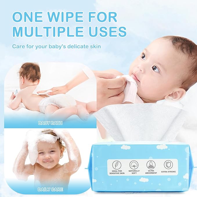 Dry Baby Wipes Sensitive Skin Unscented Soft Travel Wipes for Newborn Face Hands 6 Packs (600 Count)