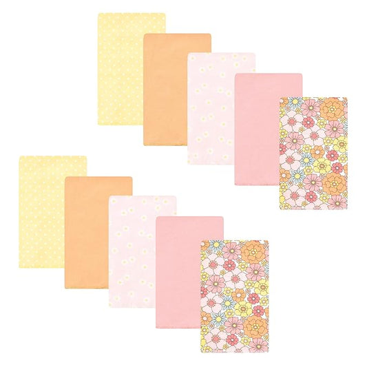 Hudson Baby Unisex Baby Cotton Flannel Burp Cloths, Peace Love Flowers 10 Pack, One Size