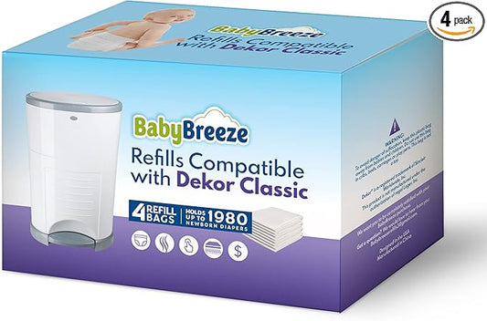 BabyBreeze Diaper Pail Refills Compatible with Dekor Classic – 4 Pack Continuous Refill Bags – Powder Scent Odor Control – Leak Resistant Diaper Disposal Liners – Holds Up to 1980 Diapers