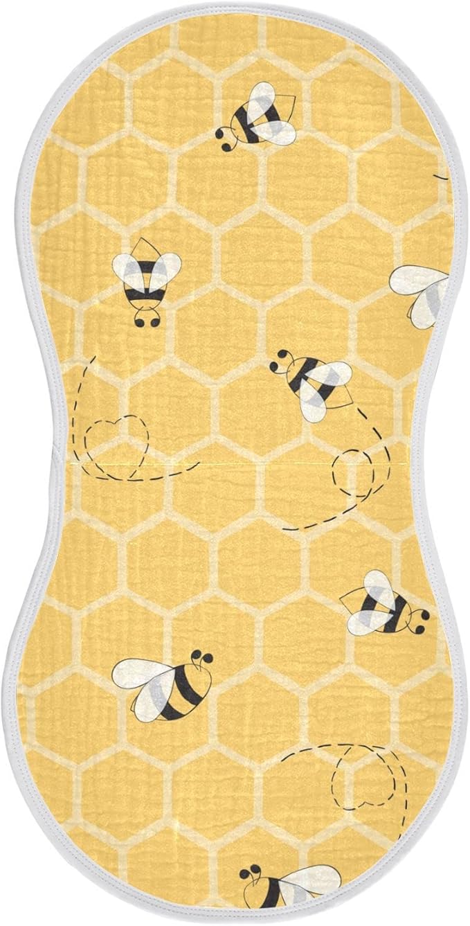 Cute Bee On Honey Yellow Honeycomb Muslin Burp Cloths for Baby 1 Pack 100% Cotton Baby Washcloths Bibs for Boy Girl