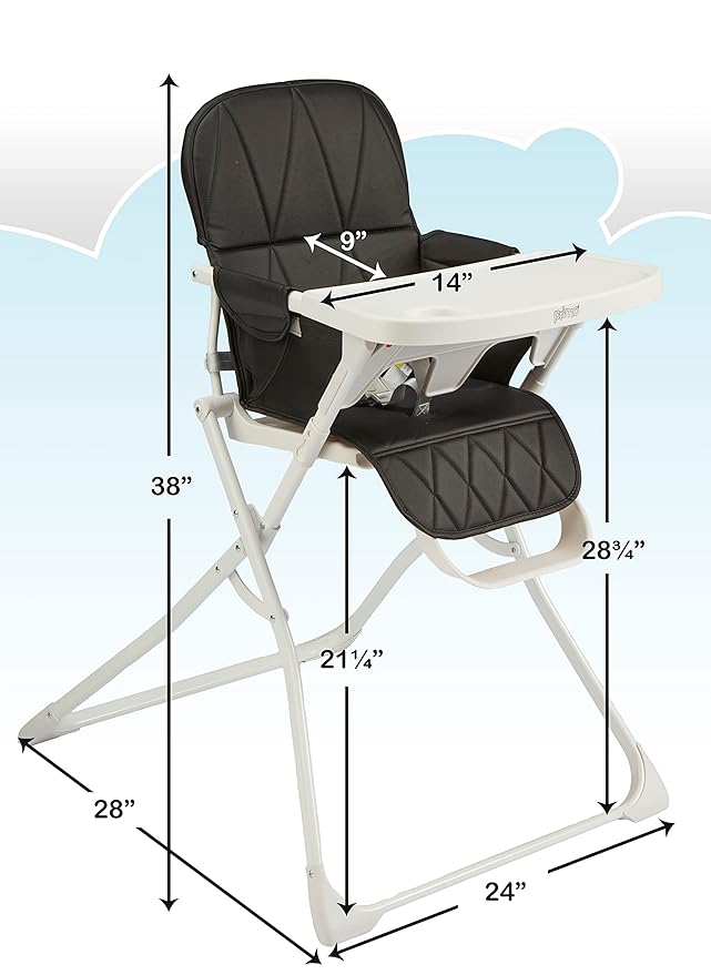 Primo PopUp Folding High Chair for Baby Age 6 to 36 Months - Black Folding Beach Style High Chair with Removable Dishwasher Safe Tray, 3pt Safety Harness, Leatherette Seat - Space Saving Design