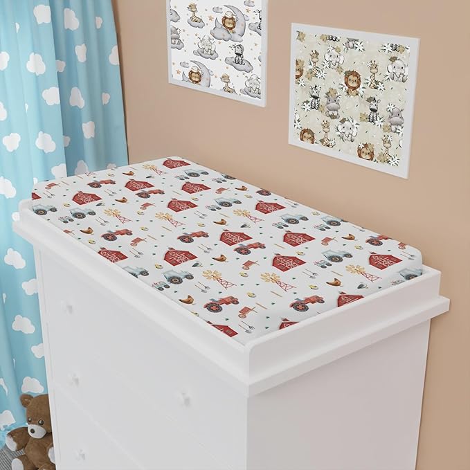 Watercolor Farm Animals Changing Pad Cover Retro Barn Chicken Pig Hen Duck Windmill Tractor Diaper Change Table Cover Sheets for Boys Girls Soft Stretchy Fitted Changing Mat Sheets 32''x16''