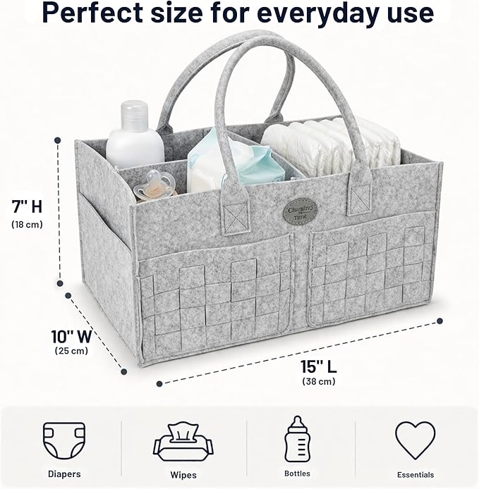 Baby Diaper Caddy Organizer for Nursery – Large Felt Storage Basket for Baby Essentials, Wipes & Diapers – Portable Nursery Organizer Bin for Changing Table or Living Room Light Grey