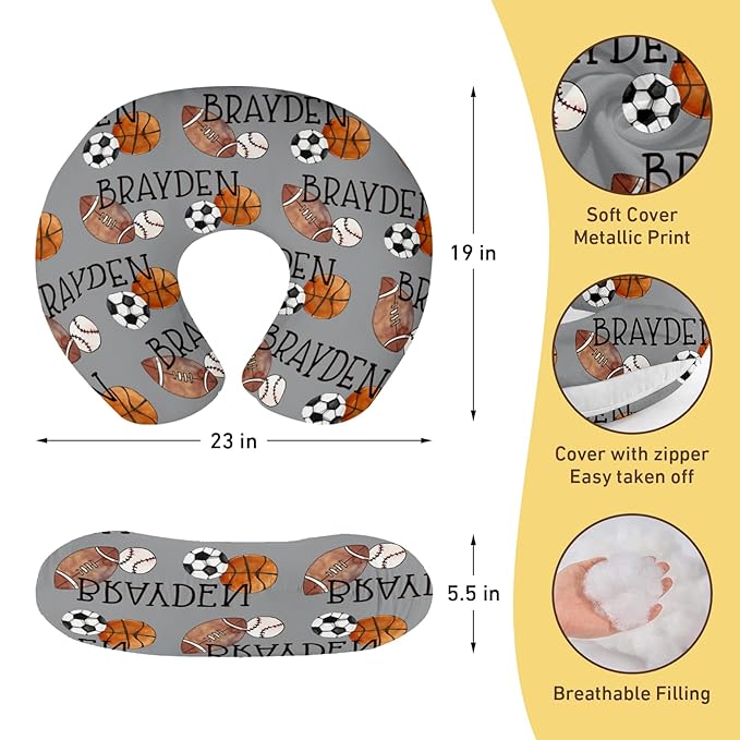 Baby Nursing Pillow Cover - Personalized Name Multi-Ball Theme Breastfeeding U-Shaped for Bottle Feeding, Ultra Soft Comfortable Breastfeeding Pillow Cover for Infant Baby Boys and Girls