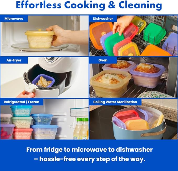PushLock Collapsible Food Storage Container&Smart Cooking Steam Tray, Space-Saving, Platinum Silicone, Microwave&Freezer&Dishwasher Safe, for Cooking&Leftovers, BPA-Free, 60oz per Unit (PURPLE&MINT)
