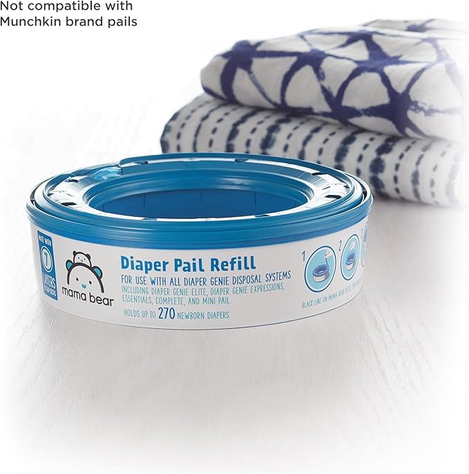 Amazon Brand - Mama Bear Diaper Pail Refills for Genie Pails, Odor Control, Unscented, 270 Count, 2-Pack
