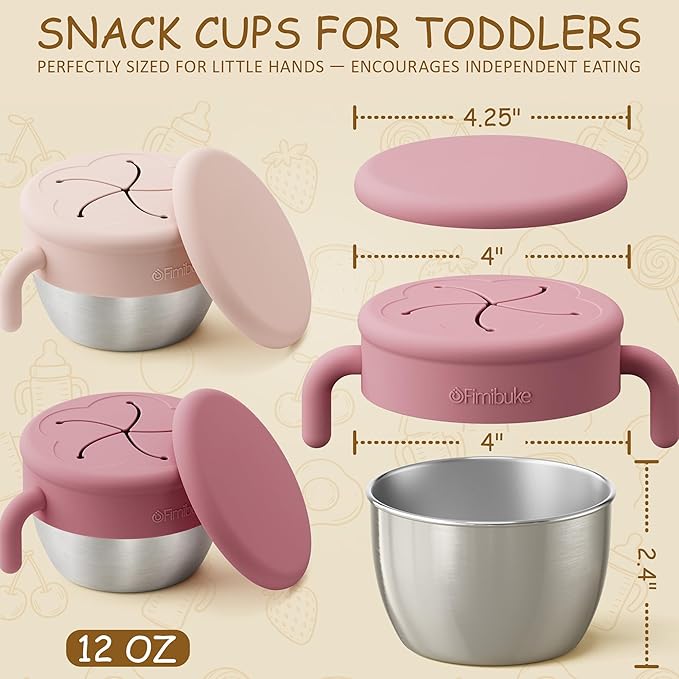 Fimibuke Snack Containers for Toddlers Kids, 12 OZ Spill Proof Stainless Steel Baby Snack Cups with Removable Silicone Food Catcher, Handles & Travel Lid BPA-Free Dishwasher Safe Food Container 2 Pack