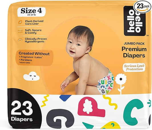 Hello Bello Premium Baby Diapers Size 4 I 23 Count of Disposeable, Extra-Absorbent, Hypoallergenic, and Eco-Friendly Baby Diapers with Snug and Comfort Fit I Alphabet Soup