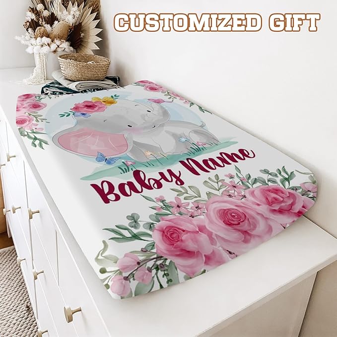 Personalized Toddler Changing Pad Cover - Custom 2 Piece Comfortable Pink Elephant Changing Pad Covers for Baby Boys and Girls, Birthday Gift for Toddlers