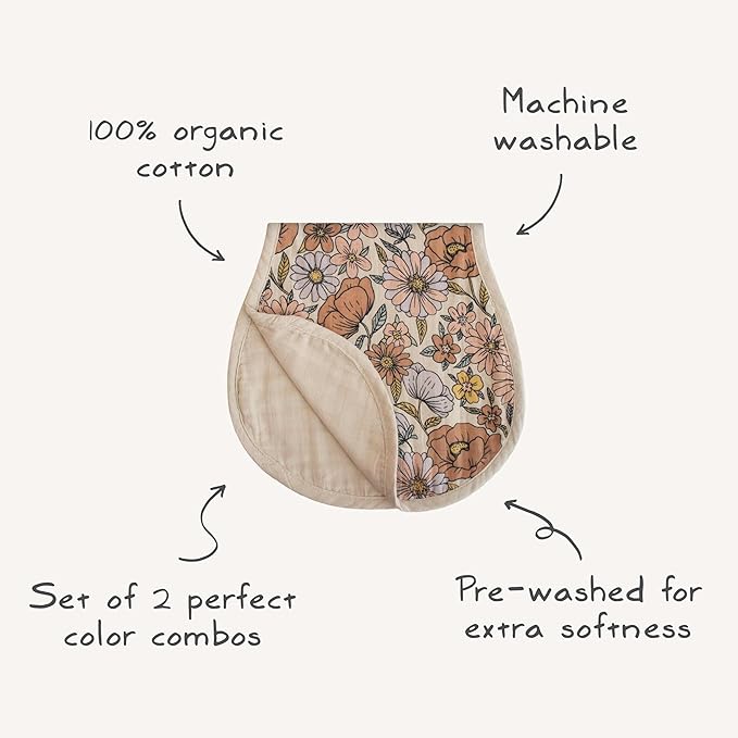 mushie Muslin Baby Burp Cloths | 100% Organic Cotton, Set of 2 (Pastel Blooms/Fog)