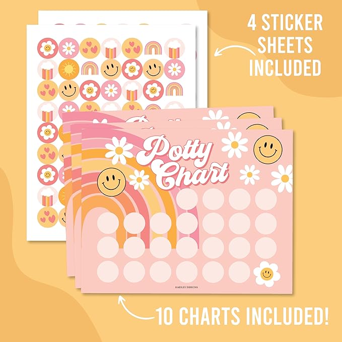 Hadley Designs Potty Training Chart for Toddlers Girls -10 Sticker Potty Chart for Toddlers Girls, 8.5x11" Potty Training Sticker Charts for Toilet Success, Retro Toddler Reward Chart for Kids