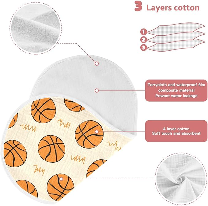 Muslin Burp Cloths for Baby Boys and Girls - 2-Pack Ultra Absorbent Basketball Muslin Washcloths, Newborn Towel, Milk Spit Up Rags, Burp Cloth Bib for Unisex, 22 x 11 Inch