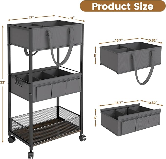 Diaper Caddy Organizer and Storage, 3-Tier Baby Storage Organizers with 2+2 Dividers, Large Capacity Diaper Rolling Cart for Nursery, Diaper Caddy Cart for Crib, Bedroom, Bathroom