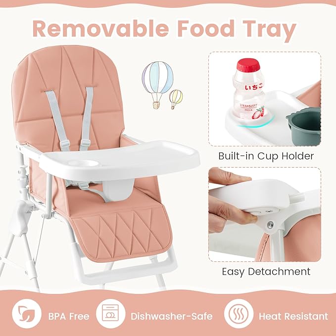 HONEY JOY High Chair, Foldable Baby Feeding Chair, Adjustable Tray & Footrest, Removable Easy-to-Clean PU Seat Cushion, 5-Point Harness, Cup Holder, Highchairs for Babies and Toddlers (Pink)