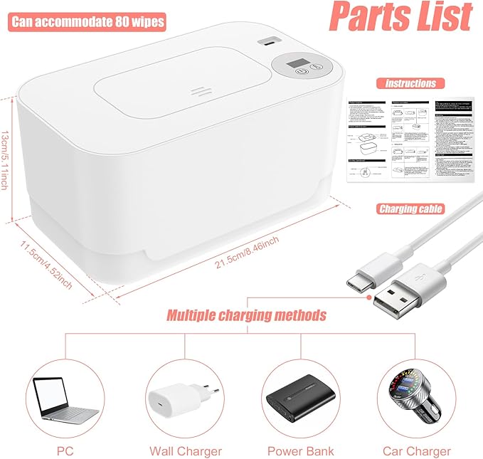 Baby Wipe Warmer with LED Light, 104-131°F Adjustable Baby Wipe Warmer Dispenser Portable Wipe Heater Warmer USB Powered Wet Wipes Warmer D Keeps Wipes Warm and Moist for Baby(White)