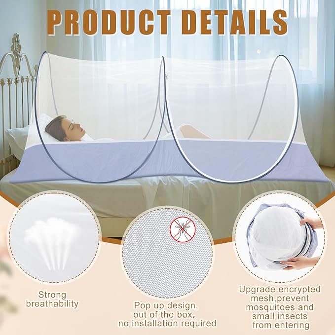 2 Pcs Large Pop up Mosquito Tent Portable Foldable Mosquito Bug Net for Bed Camping Travel Patio Outdoor 78 * 39 * 28 Inch Bug Netting Mesh Tent Canopy for Adults Bedroom, White