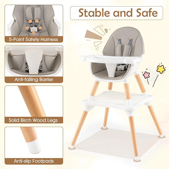 GLACER High Chair, 6-in-1 Convertible Wooden High Chairs for Babies and Toddlers w/Building Block Table, 5-Point Safety Harness, Removable Tray, PU Cushioned Baby High Chair for 6-36 Months (Grey)