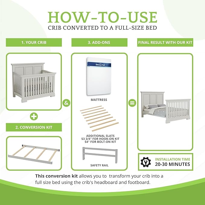 Full-Size Conversion Kit Bed Rails for Oxford, Soho, Ozlo & Avalon Baby Convertible Cribs - Solid Wood - Toddler and Adult Rail for Full-Size Bed - Nursery and Baby Furniture (Gray, Bolt-On Kit)