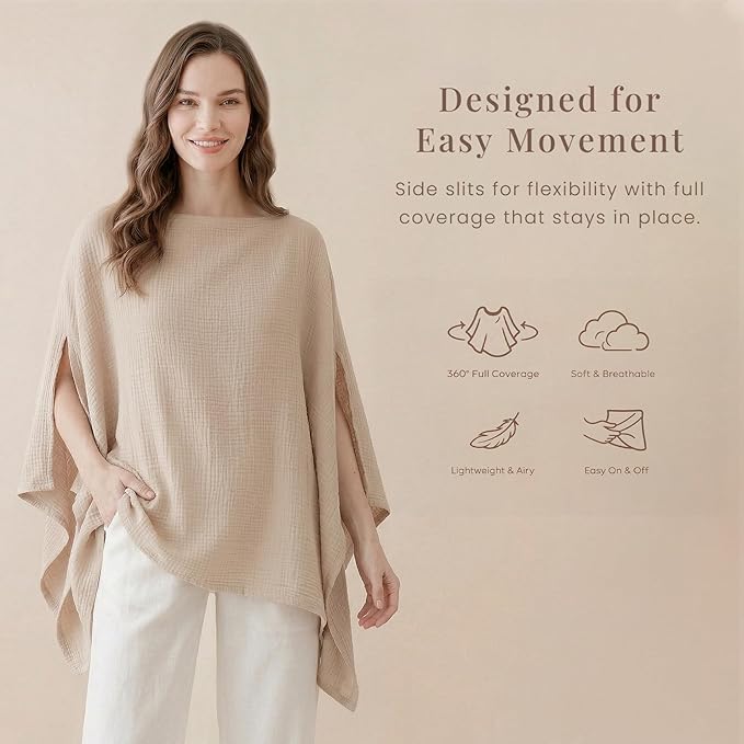 Konssy Muslin Nursing Cover for Breastfeeding, 360° Full Privacy Breathable 100% Cotton Breastfeeding Cover, Multi-use Carseat Canopy
