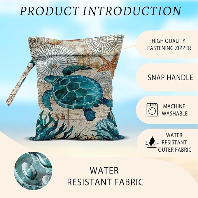 Turtle Wet Bags 12x10 Inch, Sea Weed Waterproof Travel Laundry Bags, Shell Washable Reusable Wet Dry Bag for Swimsuit Beach Diapers Dirty Yoga Gym Clothes, Sea Turtle Gifts for Women Friend Travelers