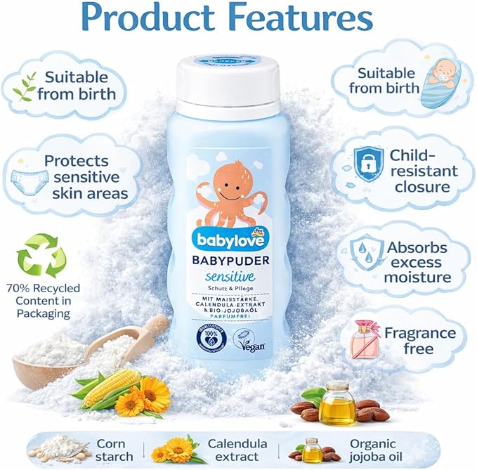 Babylove Baby Powder Sensitive with Calendula , Alcohol-Free, No Perfume, Vegan, 100g