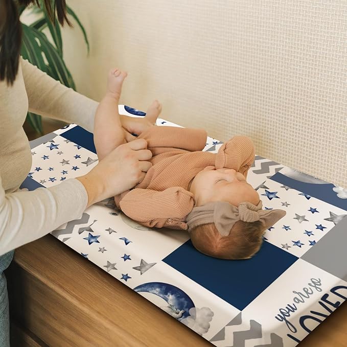 HawSkgFub Sleeping Elephant Stars Changing Pad Cover for Baby Boys Navy Blue, Dream Big Little One Diaper Change Table Covers, Soft Stretchy Safe Snug Fitted Changing Mat Sheets Fit 32"/34" x 16"