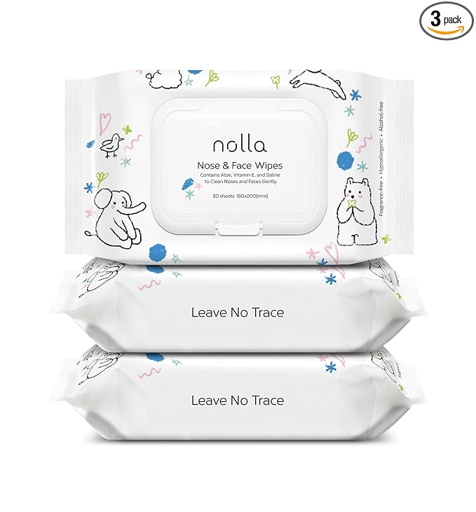 Nolla Nose and Face Wipes for Babies & Kids with Saline, Vitamin E, & Aloe | Unscented | Compostable, 90 Count (3 Packs of 30)