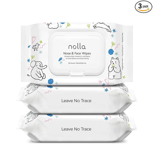 Nolla Nose and Face Wipes for Babies & Kids with Saline, Vitamin E, & Aloe | Unscented | Compostable, 90 Count (3 Packs of 30)
