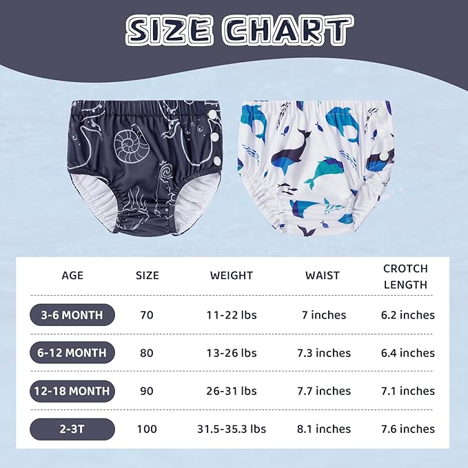 Durio 2PCS Reusable Swim Diapers - Toddler Baby Swim Diaper Soft and Waterproof for Swimming Lessons Boys and Girls