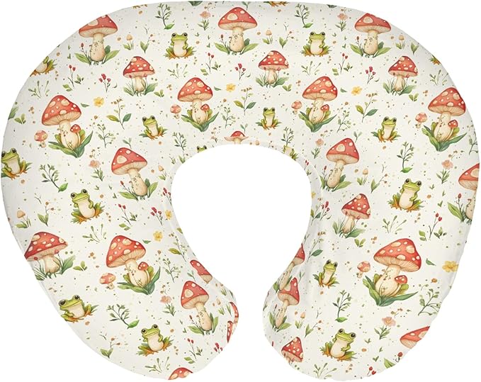 Green Frogs Mushroom Forest Baby Nursing Pillow Covers for Boy Girl Fairytale Frogs Nursing Slipcovers for Breastfeeding Pillows Animal Soft Stretchy Removable Cover for Newborn Infant
