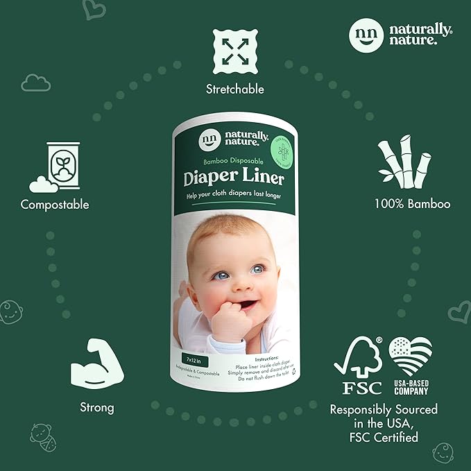 Naturally Nature Disposable Cloth Diaper Liners, Unscented, Fragrance-Free, Chlorine Free Diaper Inserts - 200 Count - (2 Rolls, 100 Sheets per Roll)