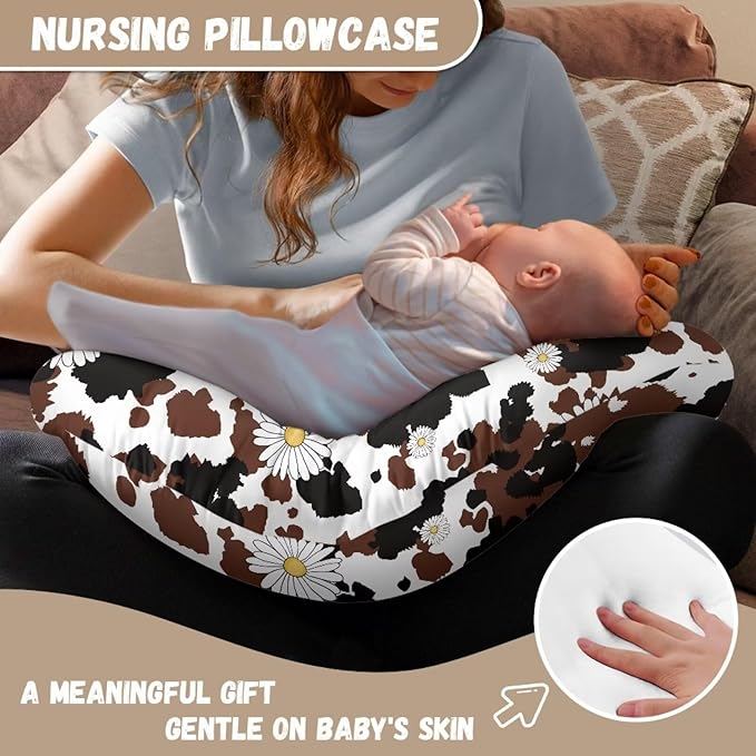 Cow Print Daisy Breast Feeding Pillow Covers with Hidden Zipper Dustproof Skin-Friendly Comfortable Nursing Pillowcase for Home Nursery Room Sofa Car Decor