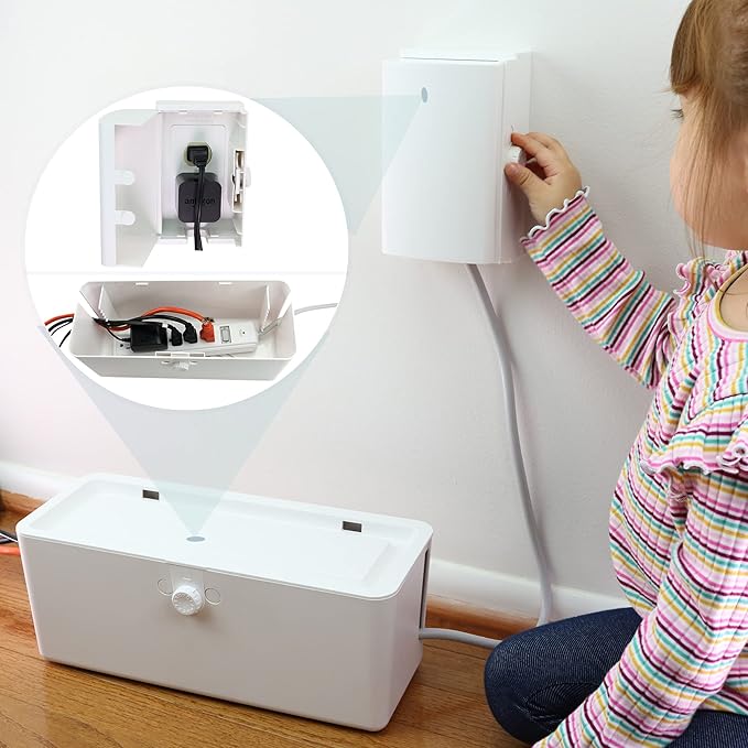 Power Strip Cover and Outlet Cover Box - Effectively Baby Proofs Power Strip on Floor or Wall, Protects Small Hands & Fingers, Cover Box and Outlet Cover Box (White-Bundle)