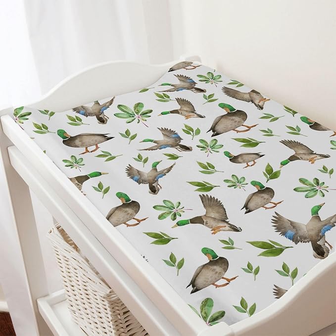 Hunting Wild Duck Leaves Baby Changing Pad Cover for Baby Boy Girl 32''x16'' Mallard Duck Unisex Fitted Diaper Change Table Sheets Comfort Soft Breathable Nursery Changing Table Sheets Mats