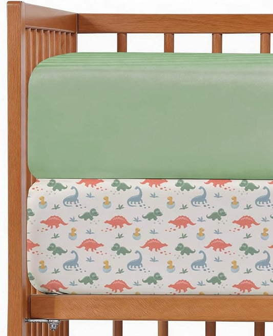 Baby Crib Sheets for Boys & Girls - Pack of 2 Fitted Microfiber Crib Sheets for Standard Crib & Toddler Mattress - Soft, Breathable & Wrinkle Free - Machine Washable, Oeko Tex - 52x28x8in - Dino Land