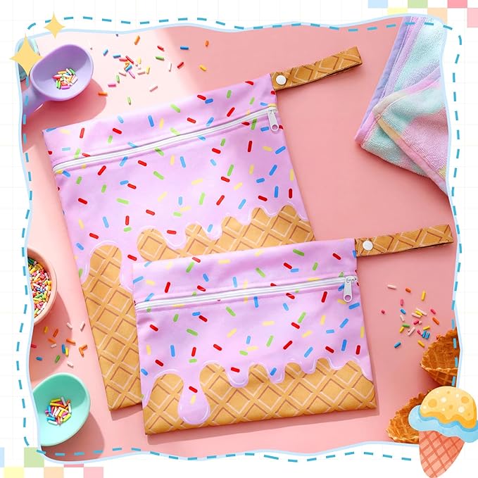 SATINIOR 2 Pack Wet Dry Bags Ice Cream Waterproof Pouch Large & Small Makeup Bag Baby Wet Bags Zipper Pouch for Baby Women Diapers Cloth