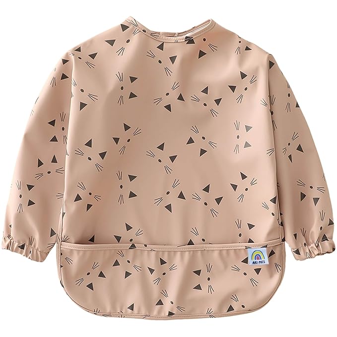 ARI MES Waterproof Long Sleeve Baby Bib for Eating-Kitty Cats Pattern, Medium-Toddler Smock with Catch-All Pocket, BPA Free, Machine Washable, Wearable Feeding Bib for Boys & Girls 6-72 Months