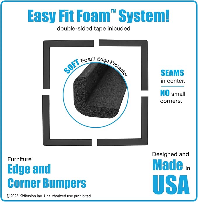 KidKusion Corner and Edge Protector | Easy Fit System | Soft Durable Foam Rubber Padding for Furniture w/Doublesided Tape | Babyproofing Bumper Guards | Large Profile | 16 Ft. | Black