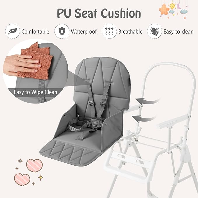BABY JOY Foldable High Chair, Portable Highchairs for Babies and Toddlers with 3-Position Adjustable Tray & Footrest, Removable Seat Cushion, 5-Point Safety Harness, Space Saving Design (Gray)