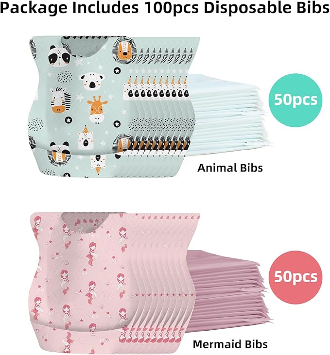 Baby Disposable Bibs 100 pcs -Self feeding Food Crumb Catcher