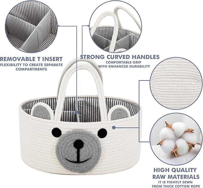 Home & Tots Baby Diaper Caddy Organizer, Cotton Rope Nursery Storage Basket for Diapers, Wipes & More, Gift for Baby Shower, Portable Organizer for Changing Table, Bear Design (Large Size - White)
