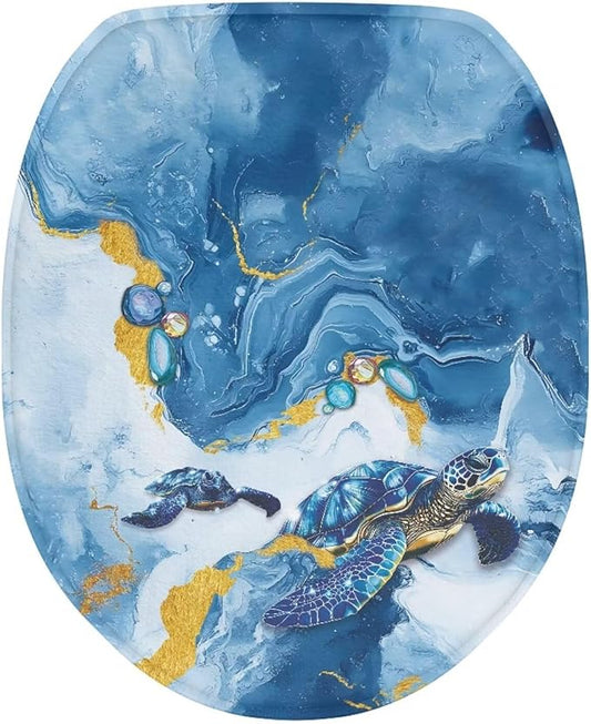 Blue Marble Toilet Cover Seat Sea Turtle Print Toilet Lid Covers Elastic Edges Stretch Washable Toilet Lid Covers for Bathroom Covers Stains, Easy To Install
