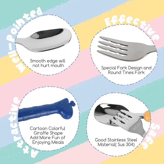 2-Piece Kid Utensils Set, 304 Stainless Steel Kids Fork and Spoon for Self-feeding, Safe Kid Silverware with storage case for School Lunch, Travel & Outdoors, Dishwasher Safe(BLUE)