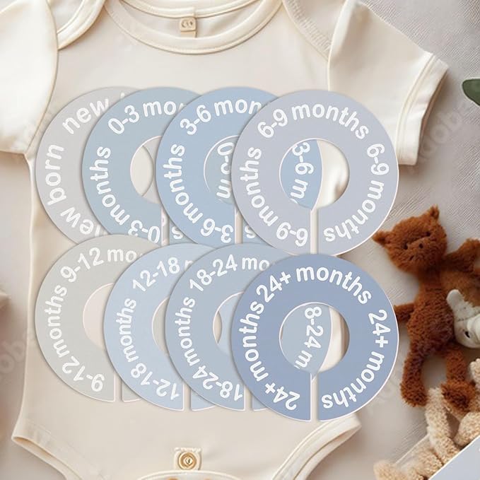 cephira Baby Closet Dividers for Clothes 0-24 Months, 8 Pack mini Round Size Markers, Double-Sided, Fits Most Rods, Blue Nursery Clothing Organizer & Wardrobe Decor