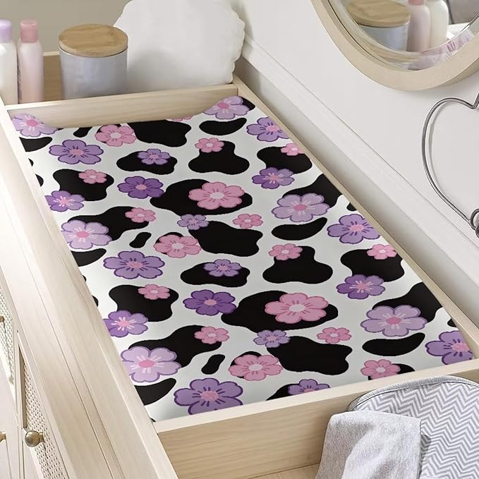Cow Print Diaper Changing Pad Cover Flower Diaper Changing Pad Cover 32''*16'' Changing Table Cover Breathable Soft Changing Pad -Cover