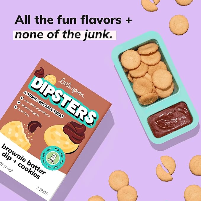 Little Spoon Brownie Batter Dip + Cookies Dipster, Big Kid Favorite Dunking Snack with Hidden Veggies, Organic Oats, Purple Sweet Potato & Spinach, Maple Sweetened, Non-GMO, 2g Plant Protein, 3 Trays per Pack, Total of 12 Trays