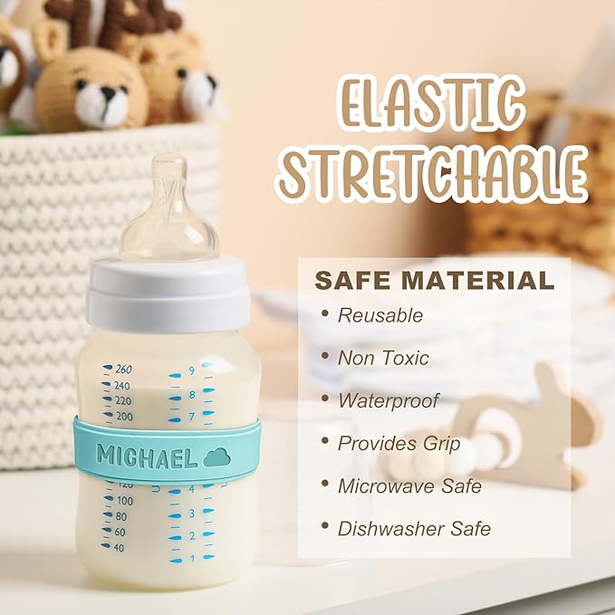 3UMeter 4PCS Personalized Waterproof Name Labels for Kids Custom Silicone Bottle Labels Engraved Non-Slip Elastic Reusable Water Bottle Name Bands for Boys Girls