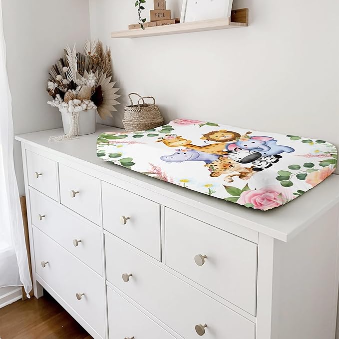 Jungle Safari Animals Tropical Leaves Flowers Changing Pad Cover Lion Elephant Zebra Giraffe Hippo Change Table Covers for Boys Girls Soft Stretchy Diaper Changing Mat Sheets Cover 32''x16''