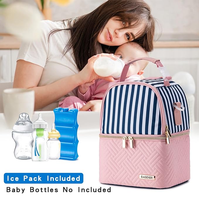 Breastmilk Cooler Bag with Ice Pack Fits 6 Baby Bottles up to 9 Ounce, Breast Milk Pump Cooler Bag with Shoulder Strap for Nursing Mom Daycare, Work, Travel- Straps